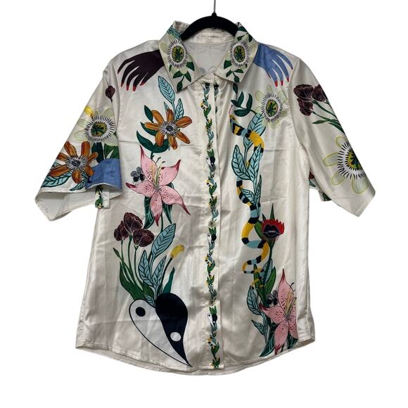 Womens Art Shirt Surreal Print Button-Up Cheetah Rider Snake Yin Yang Size Small - Picture 1 of 9